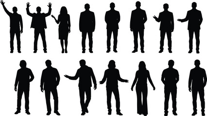 Silhouette vector illustration of diverse men and women standing in various poses, representing lifestyle, fashion, and inclusive human concepts