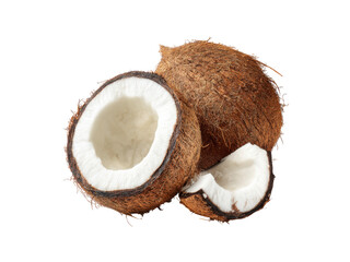 Whole and halved coconuts with a segment on black background tropical, Isolated, Png Transparent Background