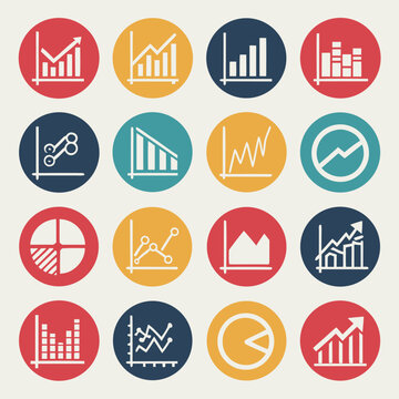 Collection of sixteen circular icons featuring various white line graph charts and diagrams on muted colored backgrounds