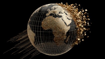 A dark globe, wire-framed, partially disintegrating into golden cubic fragments, with golden streaks emanating from its side, set against a black background