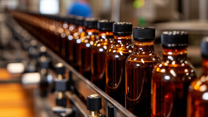 Amber glass bottles on a conveyor representing protective packaging for pharmaceuticals and nutraceuticals and the precision of modern filling lines

