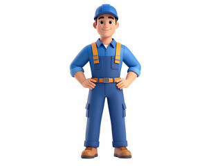 Professional and approachable animated male character in blue work uniform, standing with a cheerful expression.