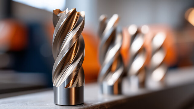 Carbide end mill cutting tools arranged in a workshop, representing precision machining and the concept of industrial accuracy and productivity.
