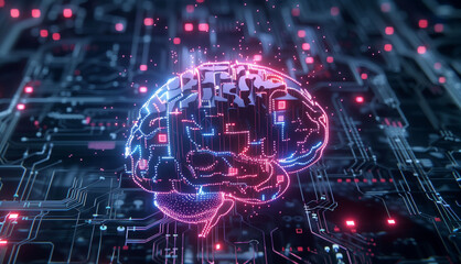 Artificial Intelligence concept: Glowing AI brain over a circuit board representing a neural network and machine learning.