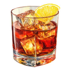 A rich, dark cocktail in a tumbler glass, ice cubes, and a lemon slice