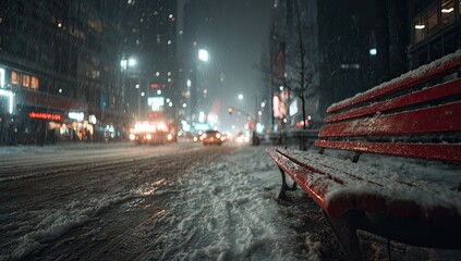 A snow-covered city street at night.  Urban scene, blurred city lights, red bench, flurry of snow