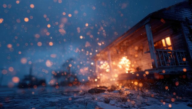 A dilapidated wooden cabin ablaze, enveloped in a blizzard of sparkling embers and snow, casting an eerie glow against a dark, desolate landscape