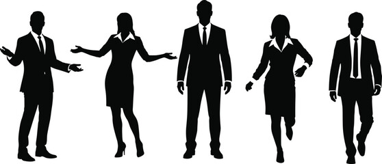 Silhouette vector illustration of male and female business professionals in formal attire with confident poses, gestures, and corporate teamwork concepts