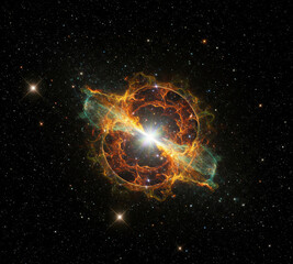 neutron star, depicting the violent collision and subsequent explosion that creates ultra-high energy particles. Ideal for scientific concepts, space art, and educational materials.