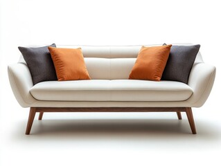 Modern cream sofa with orange and dark gray accent pillows on white background