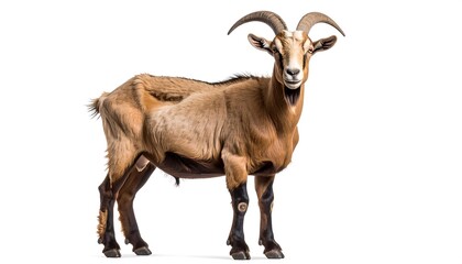 Fototapeta premium A light brown goat, with prominent horns, stands in profile against a plain white backdrop.