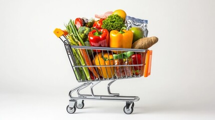Full grocery cart overflowing with fresh colorful healthy vegetables and fruits