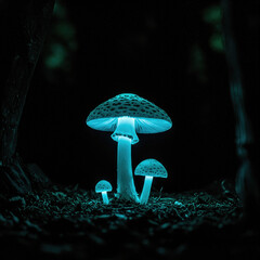 Eerie, glitching bioluminescent mushrooms illuminate a dark, corrupted forest landscape. Surreal digital art blending nature, decay, and technology. Atmospheric, mysterious fantasy scene.
