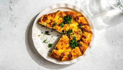 Golden Crust Galette with Herbs on White Plate, Bright Overhead Shot