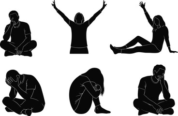 Silhouette vector illustration of people in seated and kneeling poses expressing emotions, gestures, and body language for psychology and communication concepts © Sihab Creatives