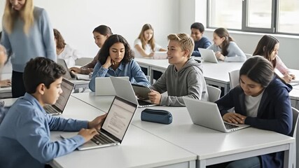 Students learn using laptops and tablets in a modern classroom, teacher assists - Powered by Adobe