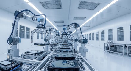 Advanced Robotic Arms on a Symmetrical Assembly Line in a Sterile Semiconductor Fab.