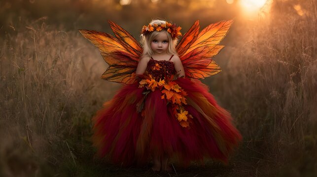 Adorable Autumn Fairy Girl in Red Dress with Wings