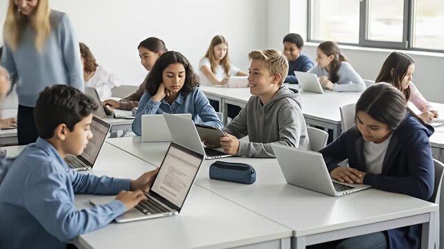 Students learn using laptops and tablets in a modern classroom, teacher assists - Powered by Adobe