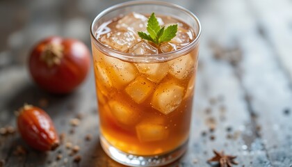Refreshing iced tea with citrus and herbs served in a clear glass, surrounded by ice cubes, fresh fruits, and natural spices on a rustic wooden table