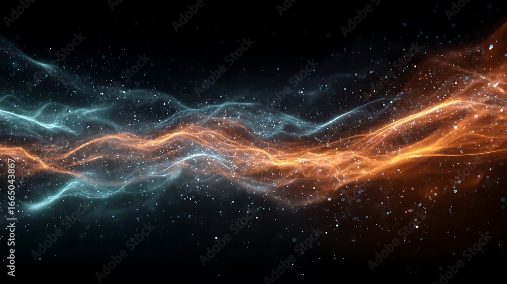 Poster abstract flowing energy waves with shimmering particles in cosmic background