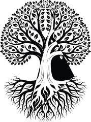 Stylized tree with intricate branches and roots overlaid by geometric triangle design, black and white vector symbol of nature, balance, and harmony