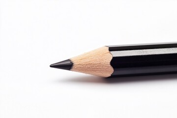 Close up of a sharpened black graphite pencil tip on a white background