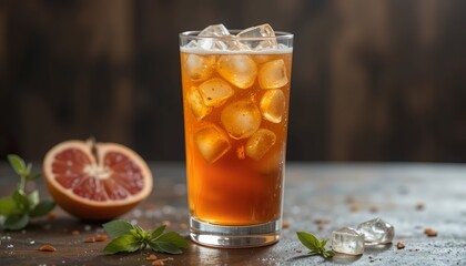 Refreshing iced tea with citrus and herbs served in a clear glass, surrounded by ice cubes, fresh fruits, and natural spices on a rustic wooden table