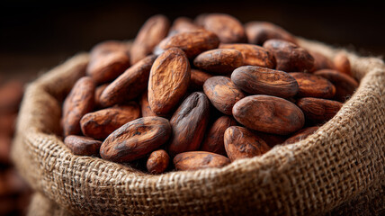 Sack filled with cocoa beans representing raw agricultural commodities and the concept of sustainable chocolate sourcing and ethical value chains from farm to market
