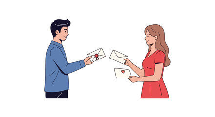 A man and woman exchange love letters with heart and rose seal, on a white background.