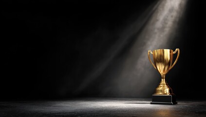 A gold trophy sits on a dark surface, dramatically lit by a single spotlight, casting a hazy beam across a mostly black background