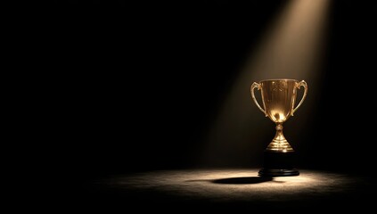 A golden trophy sits center stage, illuminated by a single spotlight against a stark black backdrop; its shadow subtly cast below