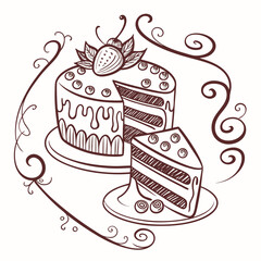 Vector Vintage Hand-Drawn Birthday Cake with Candles in Retro Engraved Sketch Style