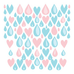 Charming pattern of falling blue and pink raindrops, ideal for a cute and playful background for children's designs.
