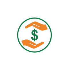 Dollar sign protected by hands in a green circle on transparent background