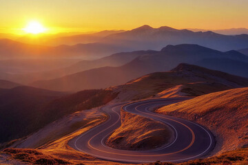 Winding road curves under a vibrant sunset in the mountains Generative AI