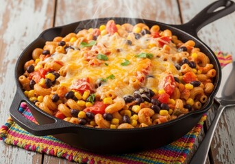 Onepot pasta with cheese, corn, tomatoes, and black beans in a cast iron skillet