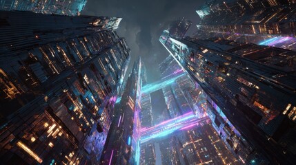Futuristic city night, vibrant lights, upward view, skyscrapers, digital art