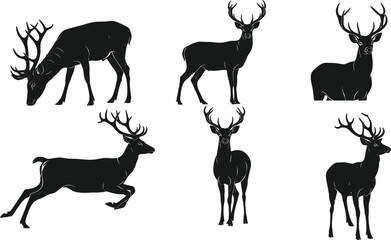 Collection of deer, stag, and elk silhouettes in various standing and walking poses, perfect for wildlife, hunting, forest, and nature-themed design projects.