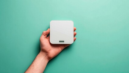 A hand holds a small, square, white digital scale against a teal background.  The scale displays a small, barely visible reading