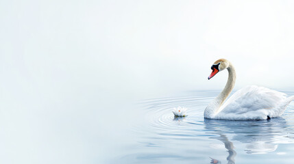 Obraz premium Graceful swan glides across calm water surface, creating gentle ripples. serene atmosphere is enhanced by delicate water lily