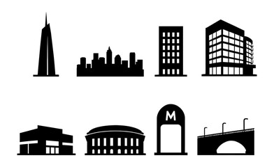 Obraz premium City building silhouettes: skyline, skyscrapers, and infrastructure icons