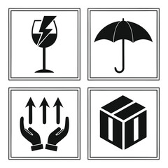 Four black and white shipping warning symbols including fragile glass umbrella keep dry and this way up with hands and cardboard box