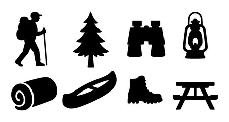 Silhouette icons of camping gear and outdoor adventure essentials