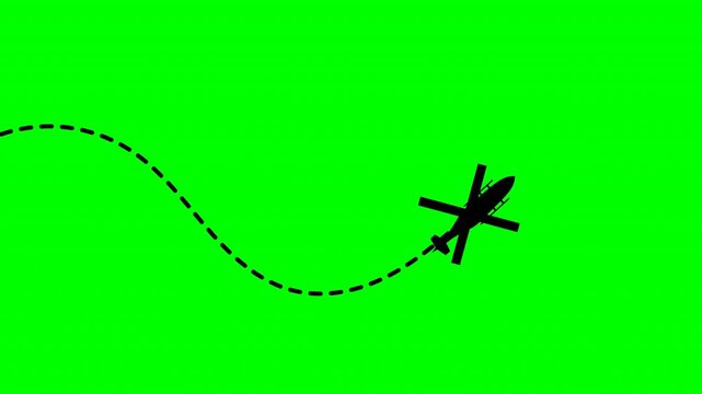 helicopter flying through dash line, left to right. Dashed line route animation on green background 4k video
