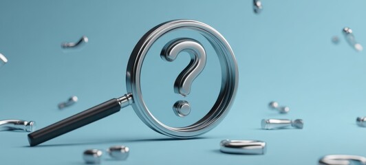 The magnifying glass highlighting a metallic question mark on a minimalist blue background