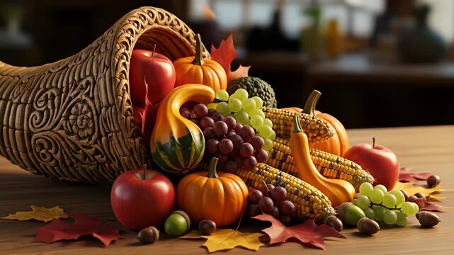 Cornucopia of autumnal fruits, gourds, and corn on a wooden table against a blurred background