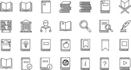A versatile collection of outline vector icons representing essential concepts of books, reading, education, and library resources, perfect for academic and digital learning platforms