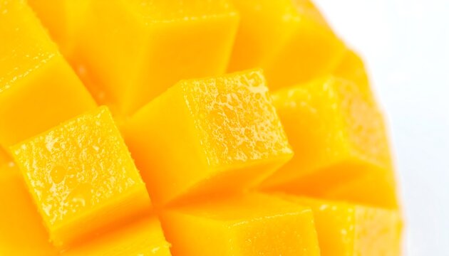 Radiant Golden Mango Cubes: A Juicy Geometric Macro Display on White
