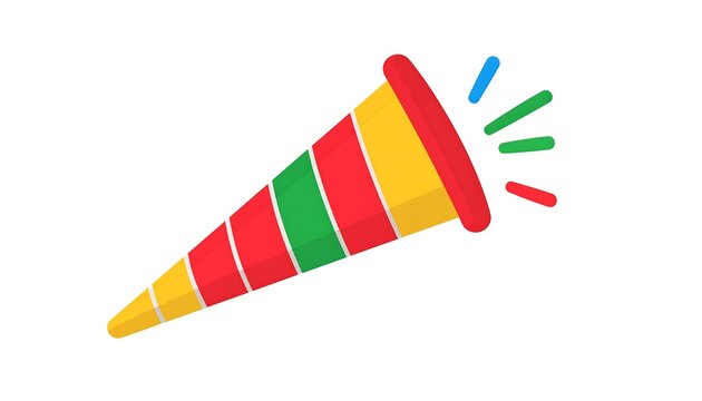 A colorful, striped party horn is depicted against a white background, radiating celebration and festivity. - Powered by Adobe